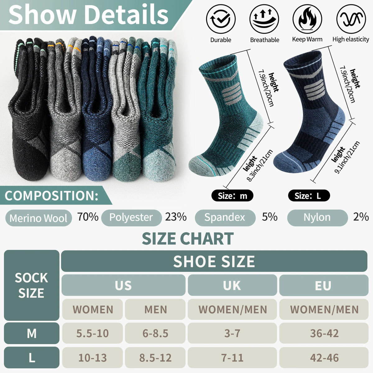 5 Pairs Merino Wool Hiking Reflective Socks Outdoor Night Men&Women Trail Running Cycling Trekking Moisture Wicking Cushion Crew Socks