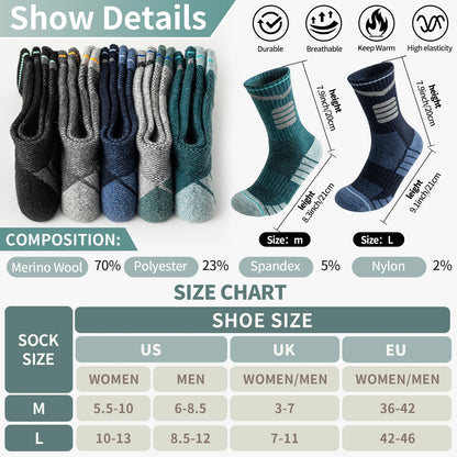 5 Pairs Merino Wool Hiking Reflective Socks Outdoor Night Men&Women Trail Running Cycling Trekking Moisture Wicking Cushion Crew Socks