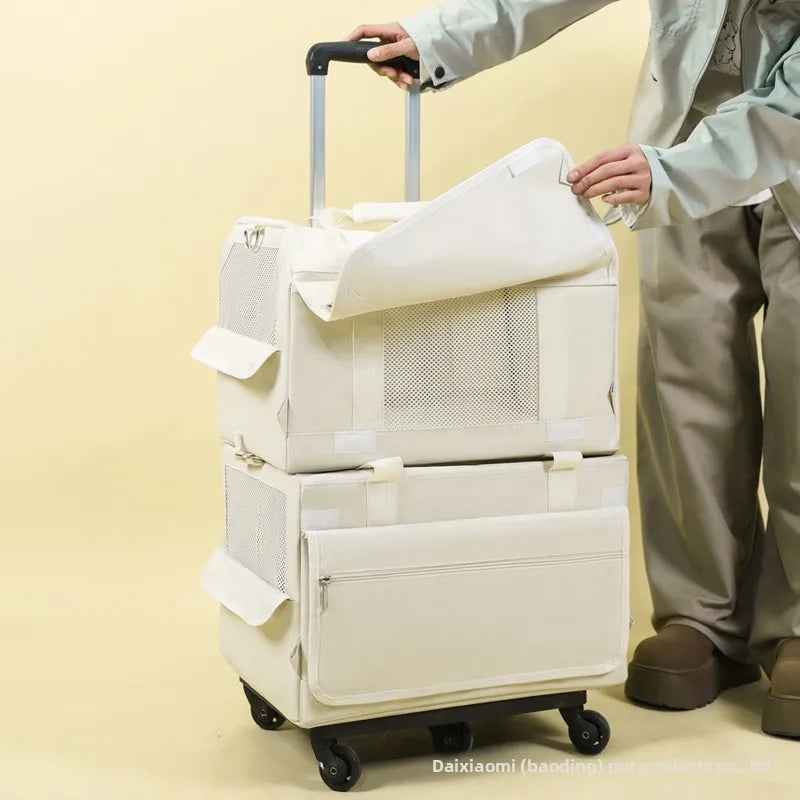 Pet Trolley Case Oxford Double-Decker Pet Travel Bag Luggage Cat Carrier Outings Portable Large-Capacity Breathable 7kg Two Cats