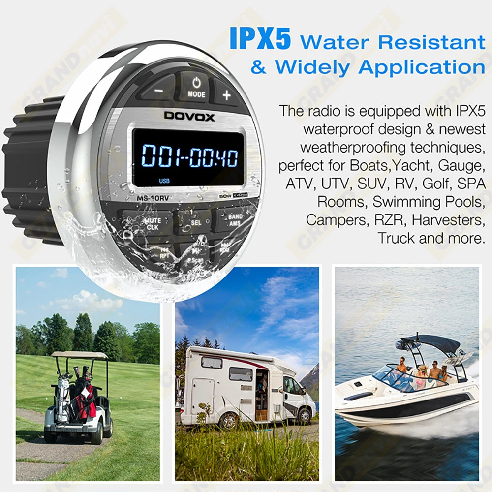 GRANDnavi Waterproof Bluetooth Marine Stereo Radio FM/AM Digital Media Audio Player for Boat Yacht ATV UTV Cart Motorcycle