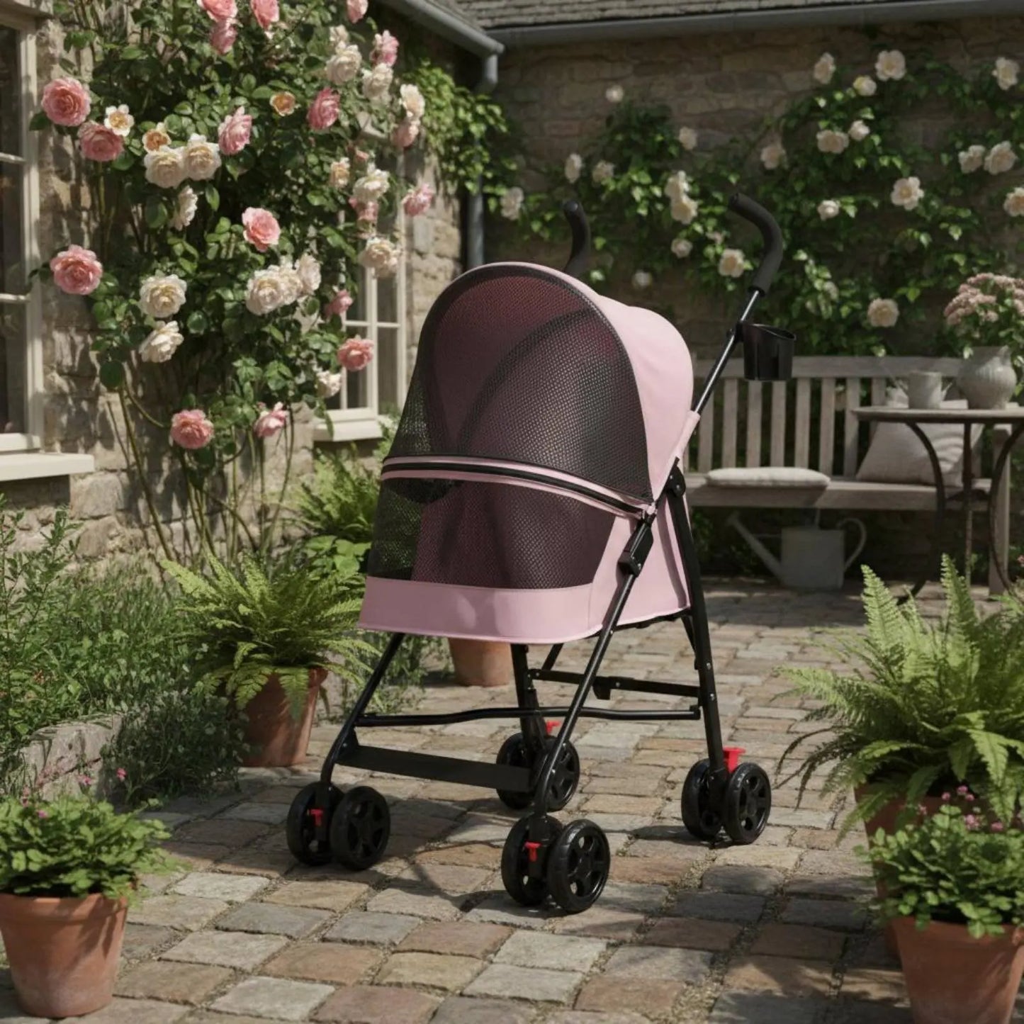 Foldable Pet Stroller Ventilated Lightweight Pet Stroller Brake System Cup Holder for Dogs, Travel, Park