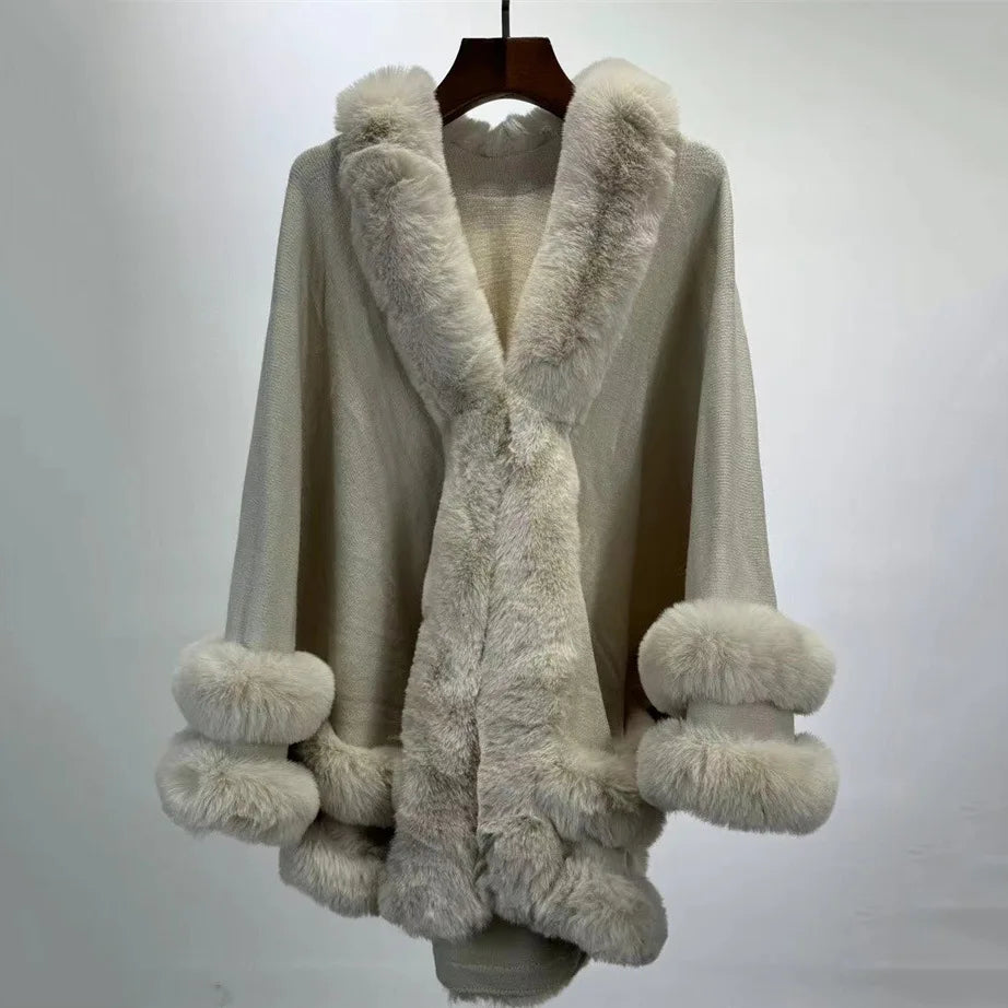 2024 Women 2 Circle Wraps Long Faux Rabbit Fur Cape Poncho Winter Loose Thick Warm Shawl Outerwear Knitted Cloak Overcoat