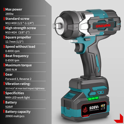 ONEVAN 2800N.M Brushless Cordless Electric Impact Wrench High Torque Screwdriver Drill Power Tool For Makita 18V Battery Pin