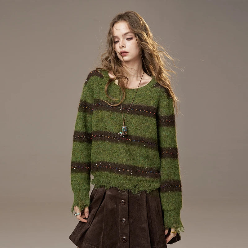 ELFSACK 2025 Autumn New Arrivals Cute Casual Knit Color Accent V Neck Loose Cardigan Sweater For Woman