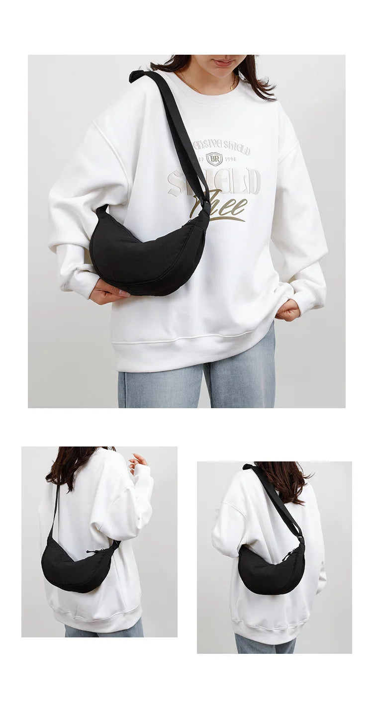 Nylon fabric zipper crossbody bag for men and women, crescent-shaped dumpling bag under the armpits, large capacity