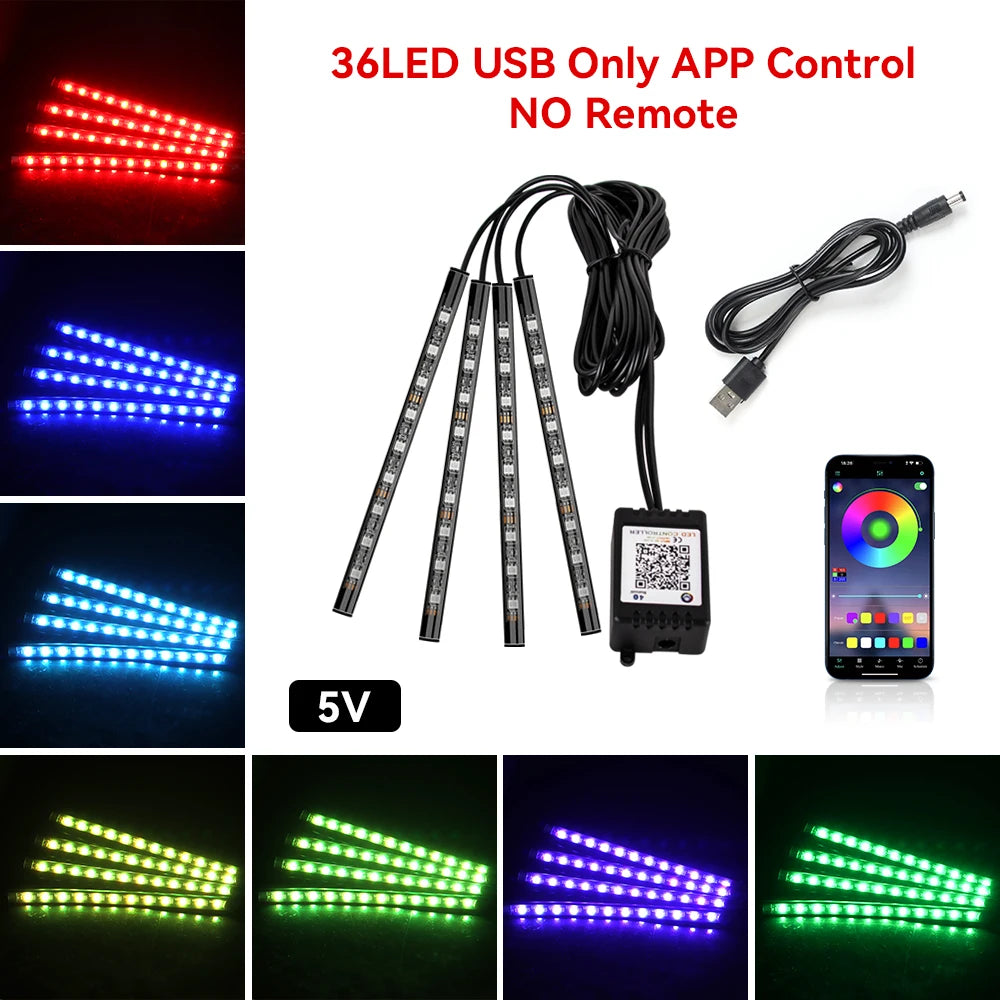 Neon Car Interior Ambient Foot Light with USB Wireless Remote Music App Control RGB 48 LED Atmosphere Decorative Lamp