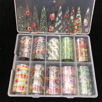 10 Patterns New Metal Nail Foils for Transfer Paper Stickers Floral Chameleon Nails Wraps DIY Water Marble Nail Art Decorations