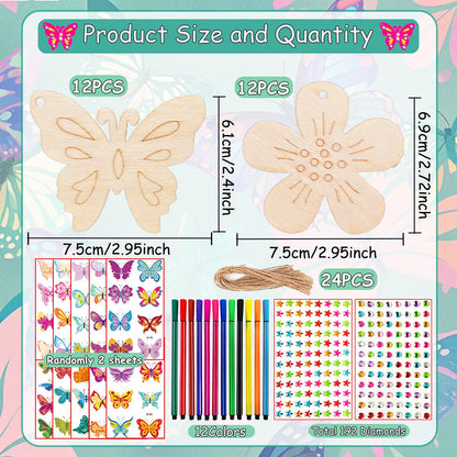254-piece DIY wooden set featuring butterflies and flowers, wooden butterfly craft set, unfinished wooden butterfly craft set