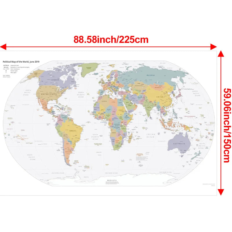 English Map Series-World Map-2019,Decorative Hanging Picture Decor Frameless,Geographical,Tourism/education Tools