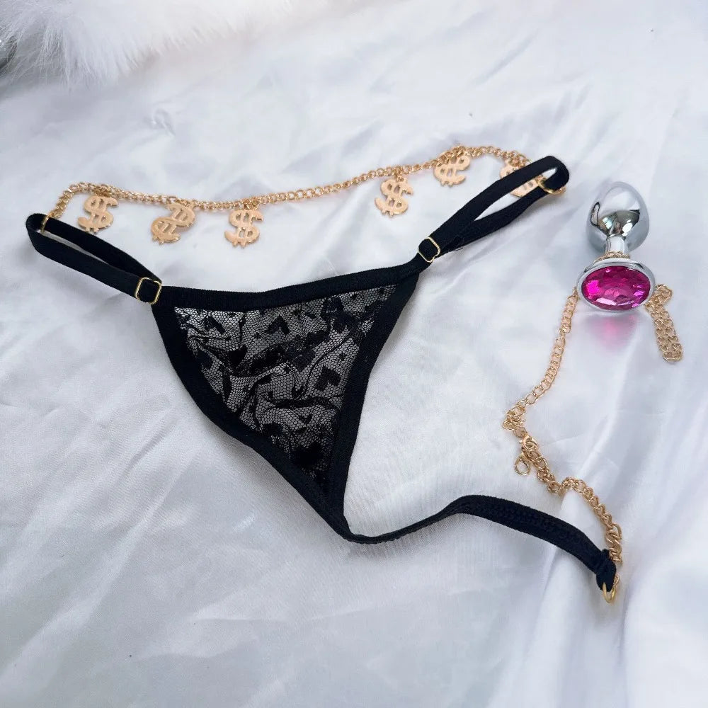 Anal Plug with Lace Thong Panty Set for Women Men Sexy Underwear with 2.8cm Butt Plug for Outdoor Wear BDSM Adult Sex Toys Gay