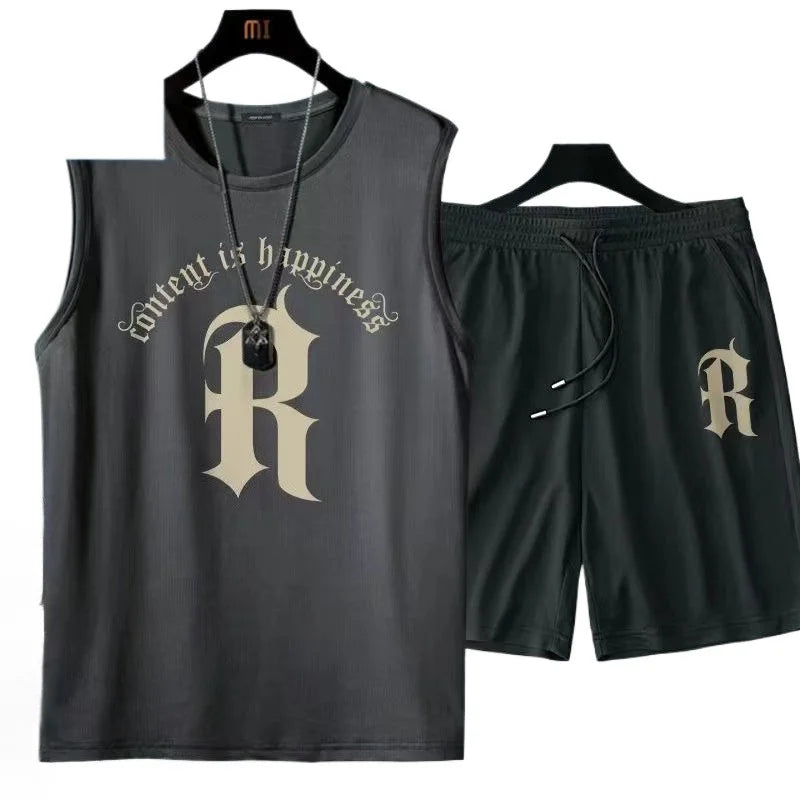Summer Men's Clothing Fashion Casual Basketball Suit Street Sportwear 2 Piece Breathable Short Sleeve T-Shirt+Jogging Shorts Set