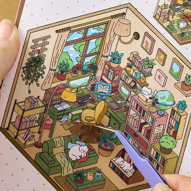 3D Diorama Sticker Book 20 Pages Mini Scene Cute Cartoon Animal Ghosts Theme DIY Scrapbook Toy Fun Stress Relief Kids Adult Gift