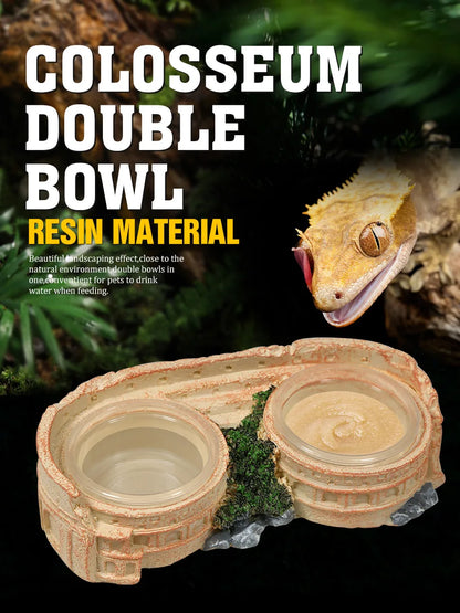 Two-in-One Reptile Food and Water Bowl, resin material, includes 2 easy-clean plastic bowls, suitable for lizards, geckos