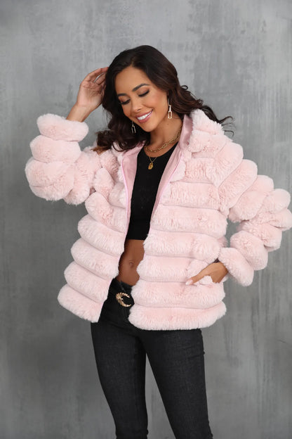 2026 Faux Fur Women Coats Hooded Full Sleeve Short Coat Zipper Thick Warm Solid Temperament Elegant Splice Autumn Winter