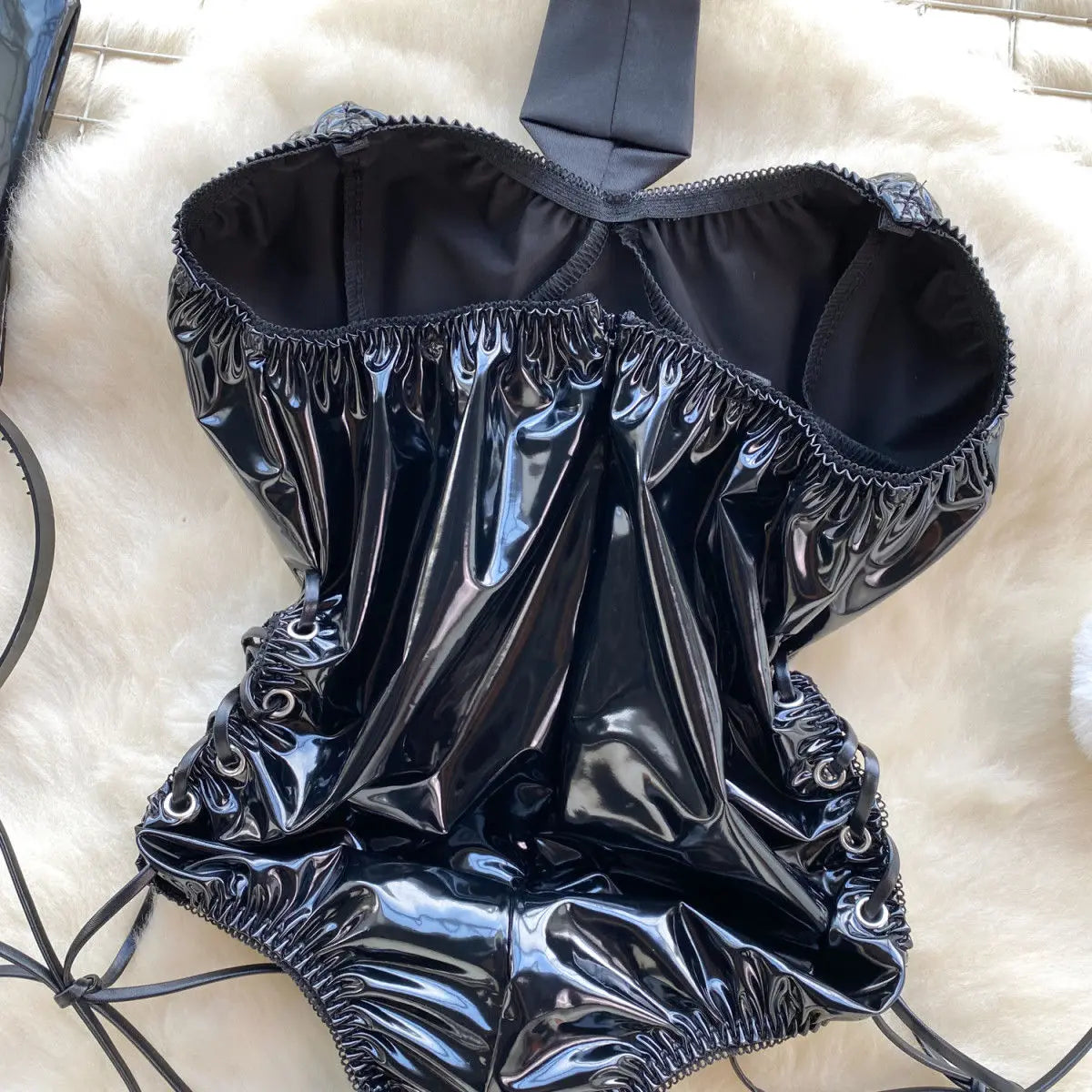 PU Leather Rabbit Girl Strapless Strapping Slim Jumpsuit Set Exotic Pornographic Lingerie Party Cosplay Bodysuit Lace-up Sexy