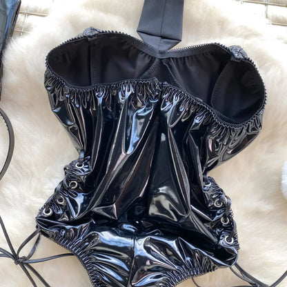 PU Leather Rabbit Girl Strapless Strapping Slim Jumpsuit Set Exotic Pornographic Lingerie Party Cosplay Bodysuit Lace-up Sexy