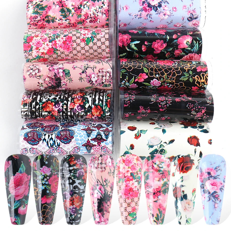 10PCS Mixed Nail Art Foils Transfer Sticker Set Rose Flower Designs Floral Starry Sky Nail Wraps Wedding Summer Manicure Decor