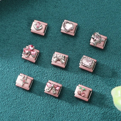 2025 New Women Romantic Pink Cherry Heart Shiny CZ Italian Charm Links Fit 9mm Bracelet Stainless Steel DIY Making Jewelry Gifts
