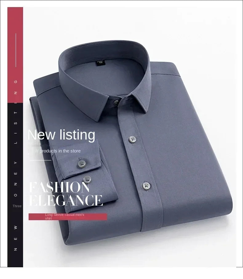 55-105KG Men's long sleeved elastic shirt, non ironing business dress, professional work attire, stand up collar shirt