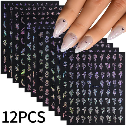 12pcs/set 3D Shiny Leaf Flower Nail Art Sticker Laer Gold Bronzing Leaves Nail Decals 8*10cm Self-Adhesive Nail Art Supplies e5#