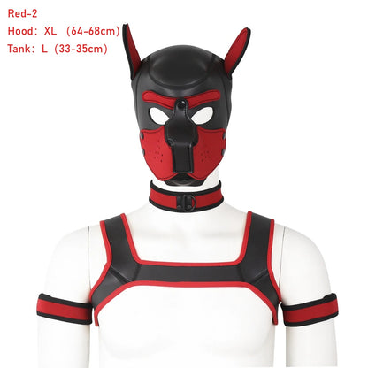 Large Size Puppy Cosplay Neoprene Fetish Hood Mask Kit with Chest Strap Collar Armband Sex Costumes for Bdsm Slave Role Play
