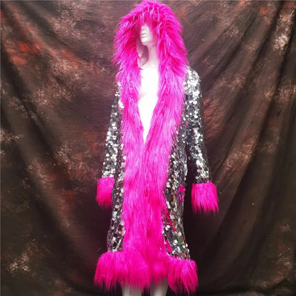 Patchwork Women Hooded Faux Fur Coat Fox Fur Long Sleeve Thick Warm Fur Outerwear Spliced Party Stage Loose Fit Sequined
