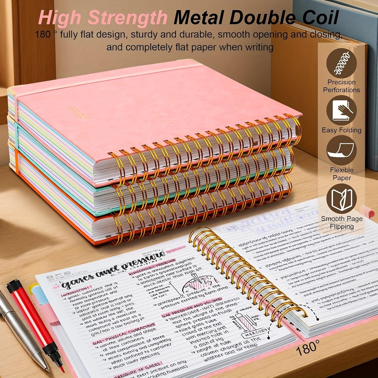 Extra Large Hardcover Spiral Notebook - with Removable Dividers & Tabs, 300 Pages Faux Leather Cover,For School,Office,Planner