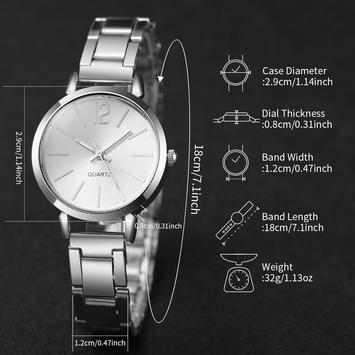 2PCS Women's Watch Fashion Gold Steel Band Quartz Wristwatch Opening Cuff Bracelet Set