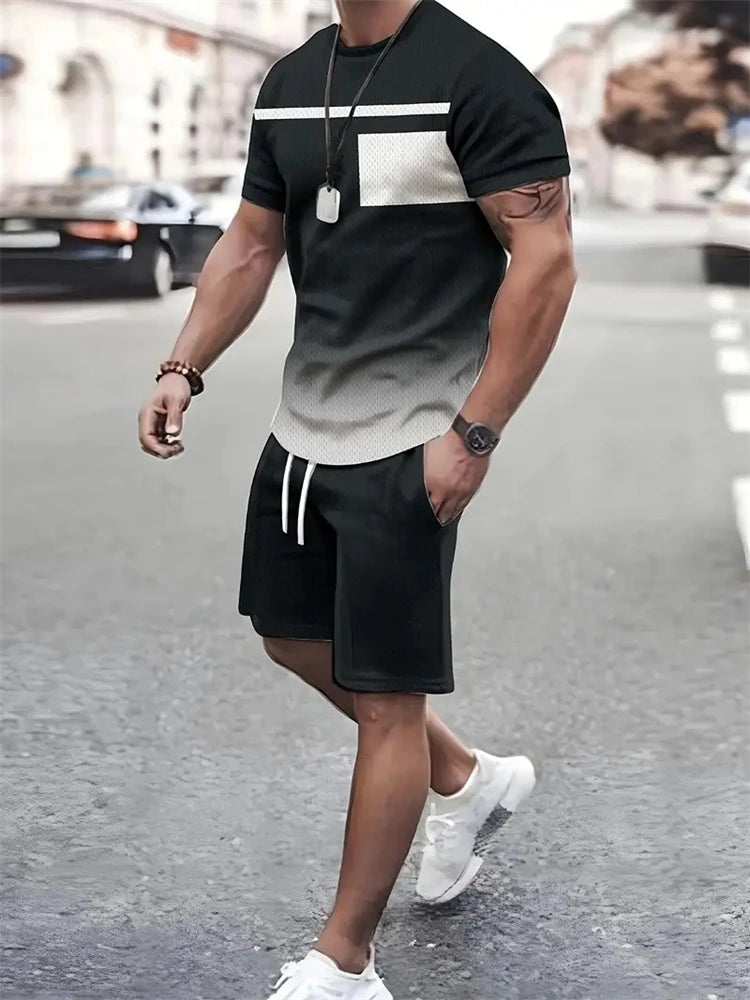Summer Men's Stripe Print Short Sleeve Tee Elastic waist Shorts 2 Pieces Set Plus Size Loose O-Neck T-shirt Pockets Shorts Set