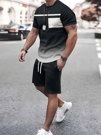 Summer Men's Stripe Print Short Sleeve Tee Elastic waist Shorts 2 Pieces Set Plus Size Loose O-Neck T-shirt Pockets Shorts Set