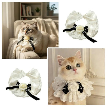 Elegant Design Pearl Pet Collar Princess Style Lace Collar Bowtie Silk Material Headgear Pet Bow Accessories Special Occasions