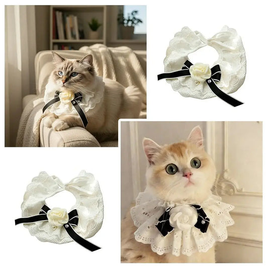 Elegant Design Pearl Pet Collar Princess Style Lace Collar Bowtie Silk Material Headgear Pet Bow Accessories Special Occasions