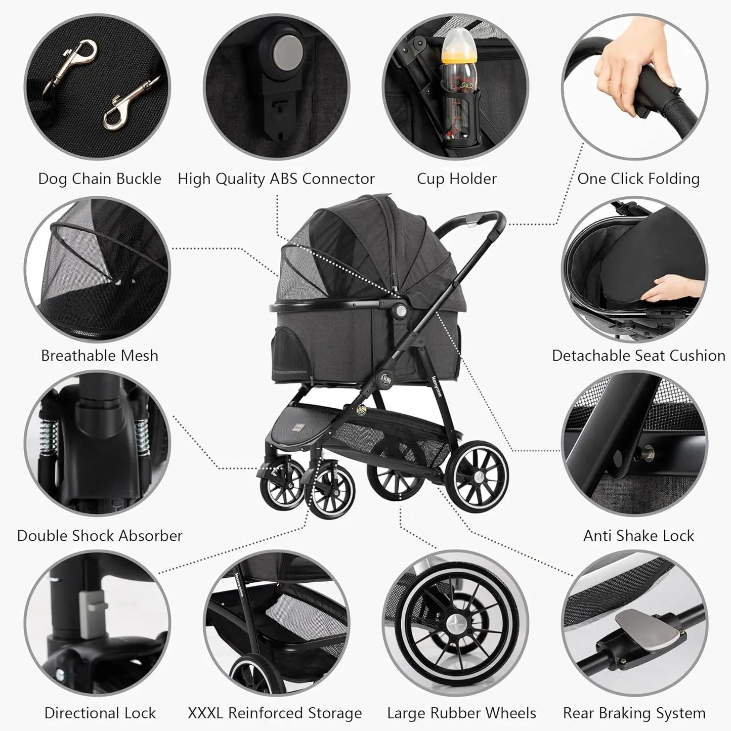 STLFHot Sale 3 in 1 Lightweight Aluminum Pet Stroller 4 Wheels Foldable Multifunction Travel System for Small Medium Dogs Cats