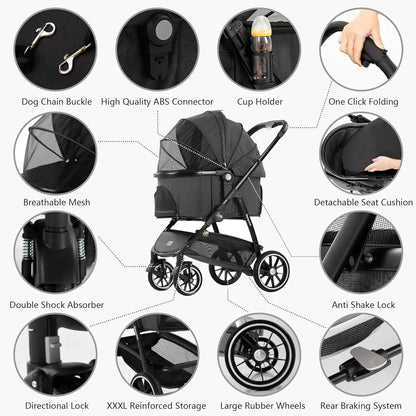 STLFHot Sale 3 in 1 Lightweight Aluminum Pet Stroller 4 Wheels Foldable Multifunction Travel System for Small Medium Dogs Cats