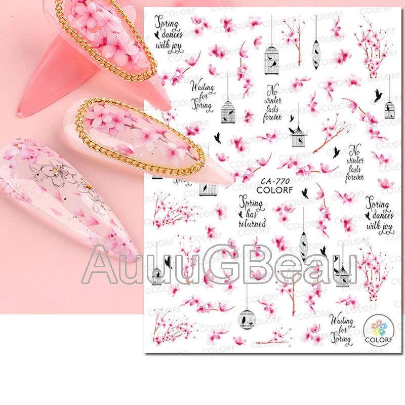 3d Nails Art Decals Spring Fruits Pink Full Tips Peony Magnolia Flowers Adhesive Sliders Stickers Decoration For Nails Manicure
