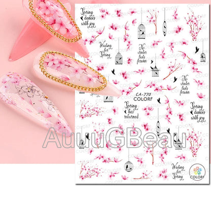 3d Nails Art Decals Spring Fruits Pink Full Tips Peony Magnolia Flowers Adhesive Sliders Stickers Decoration For Nails Manicure