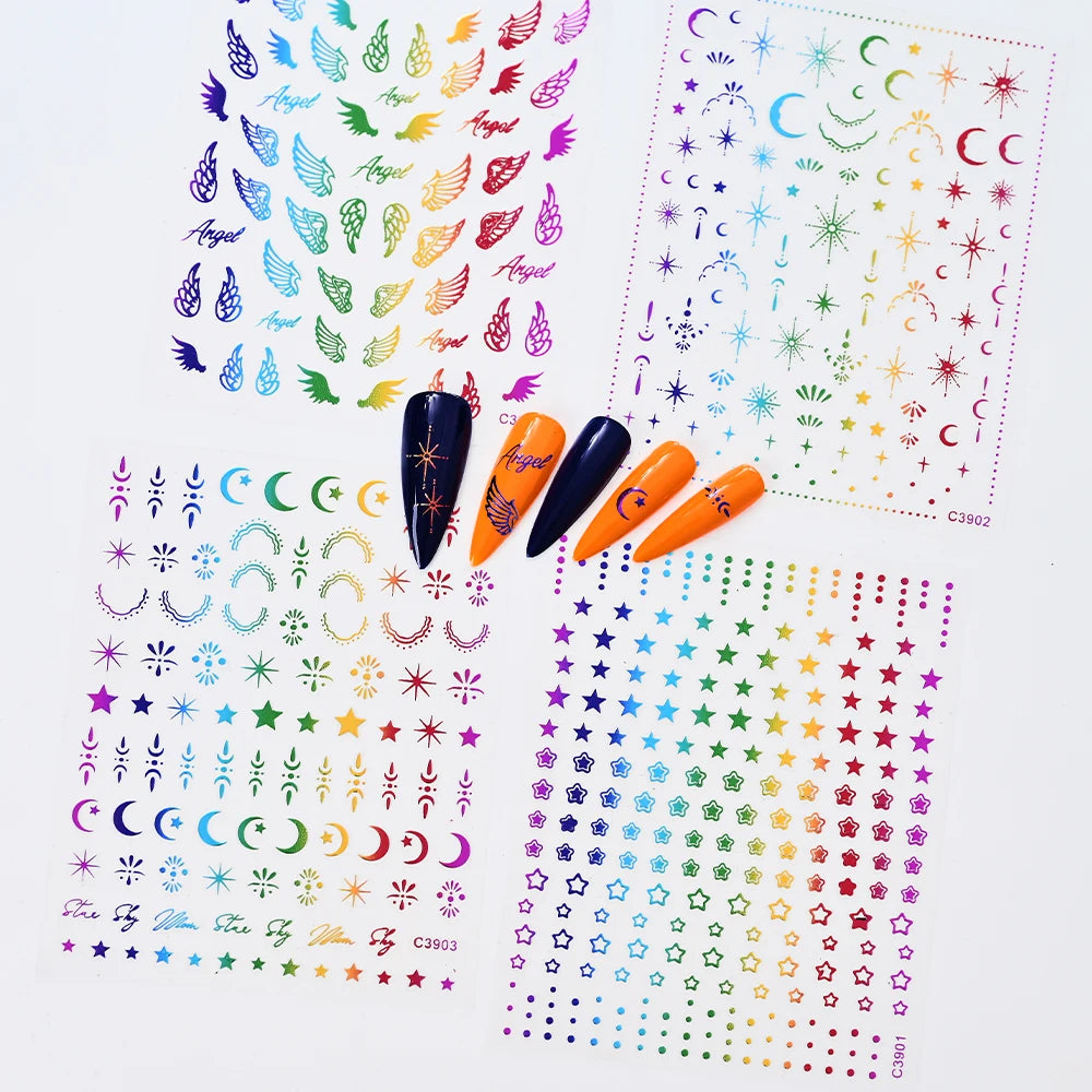 3D Gold Sun/Moon/Star Bronzing Nail Art Sticker 8*10cm Laser Star Moon Design Nail Decal Gold Silver Self-Adhesive Slider &*&