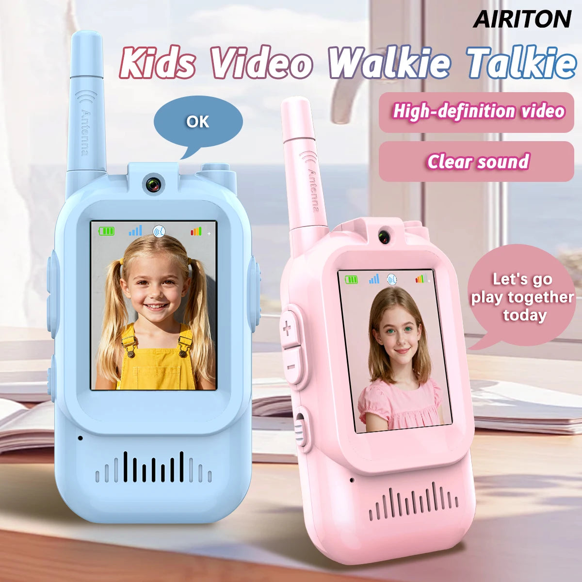 AIRITON JK200 Kids Video Intercom Walkie-talkie Cute Screen Easy Use Rechargeable Large Battery Cute Ham Radio for Gift