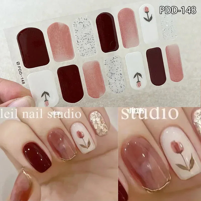 1PC Gel Nail Sticker Patch Slider Flower Gradient Color Back Glue Full Cover Waterproof Gel Nail Sticker UV Lamp Curing Manicur