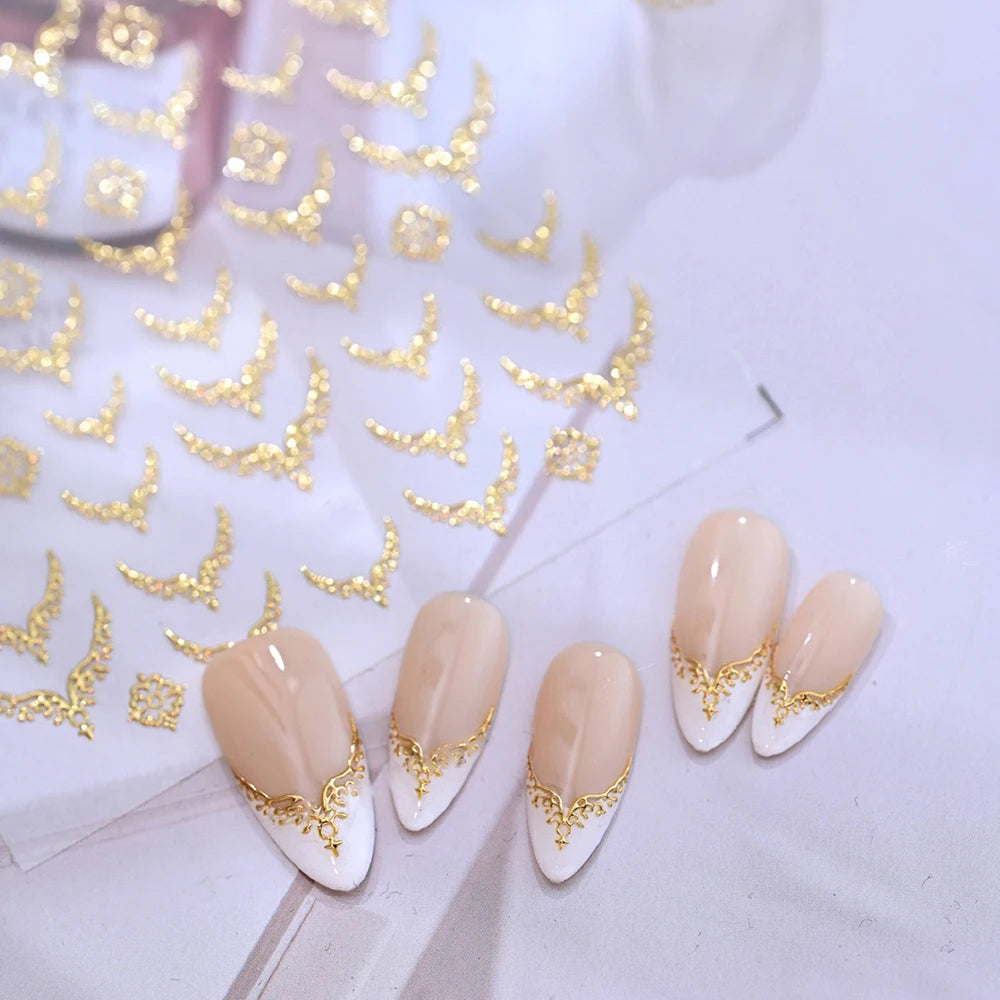 3D Gold Stamping V-Shaped French Tips Nail Art Stickers Retro Metal French Line Nail Decals Chrome Curved Strip Nail Decoration