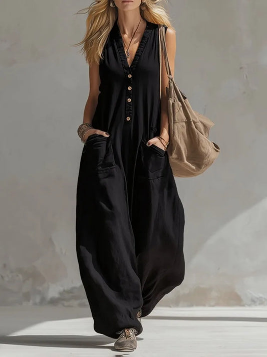 UOOZEE 2026 New Women's Sleeveless Casual Black Jumpsuit V Neck Button Front Pockets Wide Leg Overalls Loose Vacation Romper
