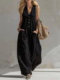 UOOZEE 2026 New Women's Sleeveless Casual Black Jumpsuit V Neck Button Front Pockets Wide Leg Overalls Loose Vacation Romper
