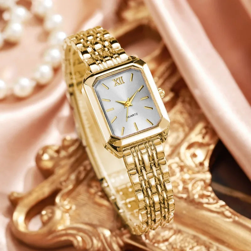 5PCS Womens Elegant Rectangle Rhinestone Quartz Watch Jewelry Set Fashion Women Watches Reloj Mujer Girl Clock Gift（Without Box）