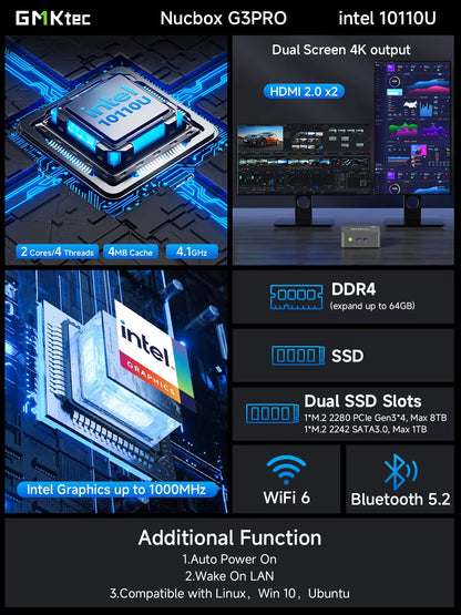 GMKtec G3 Pro Mini PC Intel Core I3-10110U 2*DDR4 2*M.2 SSD WIFI6 BT5.2 2.5G Lan Windows 11 Pro Desktop Office Mini PC Computer