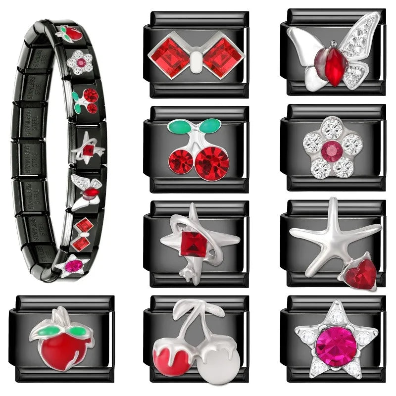 2025 New Original Black Red Stars Love Heart Bows Flower Italian Charm Link Fit 9mm Stainless Steel Jewelry DIY Making Bracelets