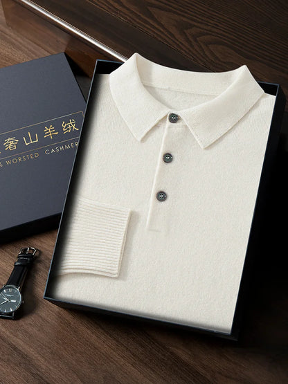 ANGEL 2024 Men's New POLO Shirt 100% Cashmere Knitted Pullover Solid Color Sweater Fall Winter Casual Business Office Jacket