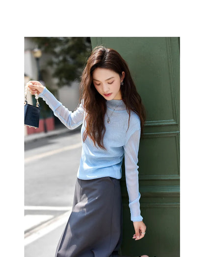 VIMLY Woman Knitting Sweater Slim Autumn 2026 Casual Female Long Sleeve Sweater Stand Neck Strecth Pullover Ladies Tops A2528