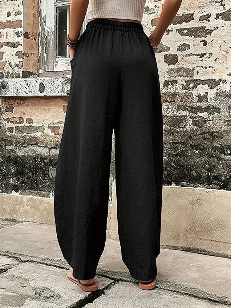 Plus Size Women's Cotton-Linen Harem Trousers Retro Loose-Fit Casual Trousers Elasticated Waistband Workwear Wide-Leg Trousers