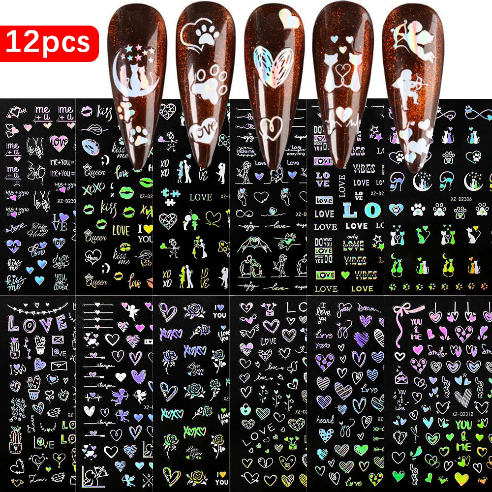 12pcs/set Cute Cartoon Dog/Cat Nail Art Stickers 3D Graffiti Black Cat Dog  Nail Decals 8*10cm Self-Adhesive Cartoon Nail Art Su