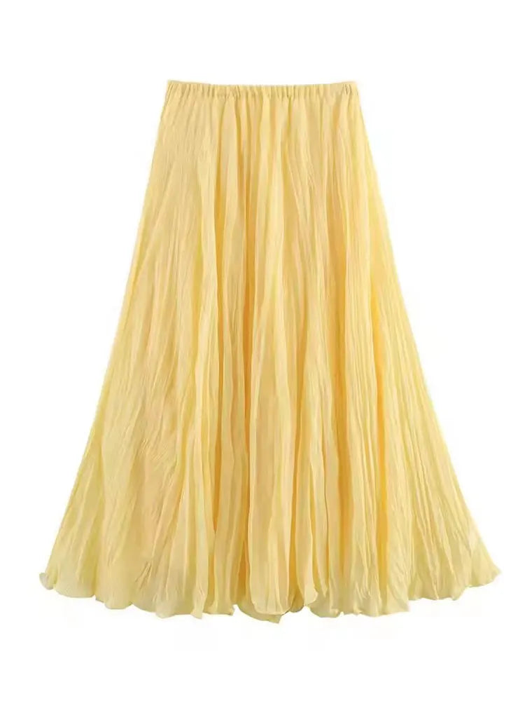 HH Women Elastic Waist Pleated Maxi Skirt Flowy A Line Pleated Long Skirt In Yellow White Pink For Spring Summer Beach Vacation